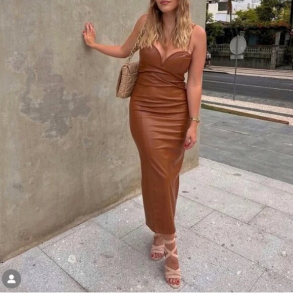 Zara Brown Faux Leather Midi Dress with Spaghetti Straps, Size Medium, Large NWT - Picture 7 of 11
